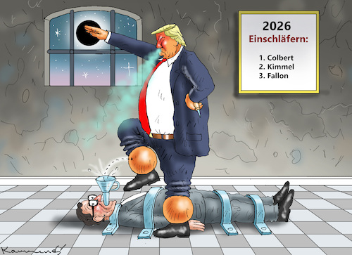 Cartoon: WASSERBEINE-GIFT (medium) by marian kamensky tagged trump,colbert,kimmel,fallon,trump,colbert,kimmel,fallon