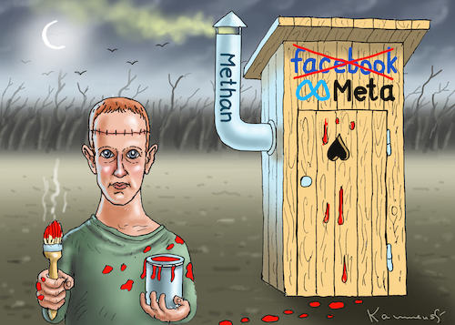 Cartoon: ZUCKERBERGS METHAN-TRANSFORMATOR (medium) by marian kamensky tagged abflussreiniger,zuckerberg,facebook,blackout,meta,abflussreiniger,zuckerberg,facebook,blackout,meta