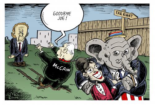 Cartoon: Dragging McCain (medium) by Lemon tagged lieberman,palin,mccain,republicans