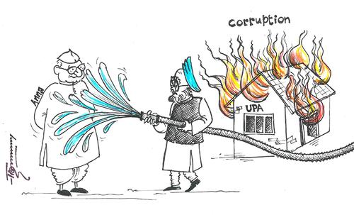 Cartoon: Anna Hazare and Indian PM (medium) by Thommy tagged anna,hazare,manmohan,singh,corruption