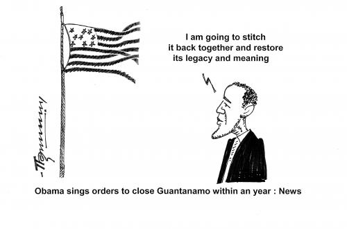 Cartoon: Restoring Americas Reputaion (medium) by Thommy tagged obama,guantanamo,america