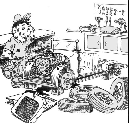 Cartoon: Where do I start? (medium) by kidcardona tagged car,mess,mechanic,tools,garage,cartoon