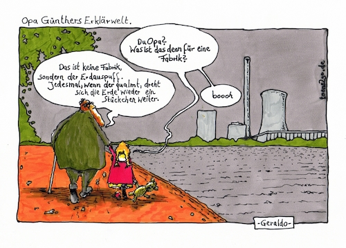 Cartoon: Erdauspuff (medium) by geralddotcom tagged opa,enkel,kind,erde,welt,erklärung,kohlekraftwerk,qualm,fragen