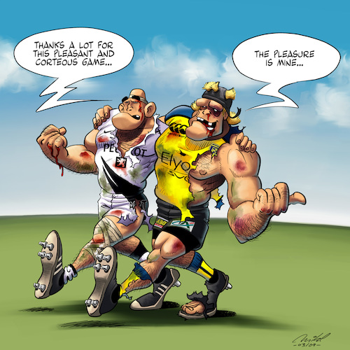 Cartoon: The Spirit of Rugby (medium) by Mikl tagged mikl,michael,olivier,miklart,art,illustration,rugby,clermont,toulouse,stade,toulousain,asm,fair,play