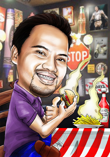 Cartoon: caricature on TGIFriday (medium) by juwecurfew tagged friday,caricature,burger,fries,heinz