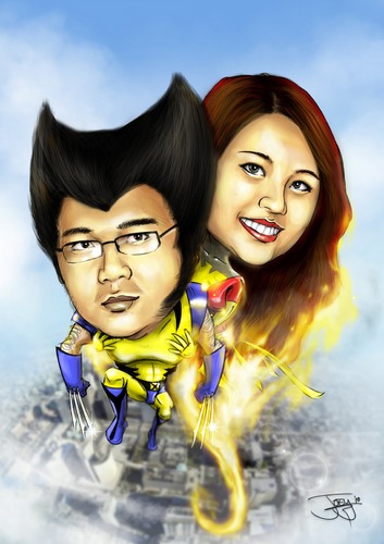 Cartoon: couple xmen (medium) by juwecurfew tagged wolverine,phoenix,xmen,caricature