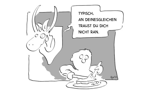 Cartoon: fleischfresser (medium) by Mergel tagged vegetarier,fleischfresser,jagd,jäger,trophäe,tierschutz