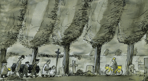 Cartoon: Short cut (medium) by fussel tagged abkürzung,friedhof,beerdigung,postbote,cemetery,postman,funeral
