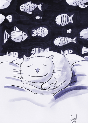 Cartoon: Sleep well (medium) by fussel tagged cat,sleep,dream,fish,well