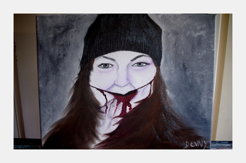 Cartoon: The smell of copper (medium) by Krinisty tagged faceoff,death,cut,bleeding,selfportrait,portrait,painting,oil,hat,girl,krinisty,art,face