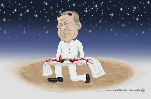 Cartoon: erdogan asking  forgiveness (medium) by abdullah tagged turkey,mbs,libya,egypt,sisi,khashoggi,arab,spring,qatar