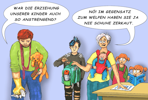 Cartoon: Erziehungsratgeber (medium) by SoRei tagged familie,familienmitglied,familienmitglieder,rudel,familienverband,kinder,eltern,vater,mutter,erziehung,großfamilie,welpe,hund,stubenrein,schuhe,zerkaut,aufzucht,anstrengung,sozialisierung,gesellschaftsfähig,mündig,erwachsen,heranwachsende,kinderstube,benehmen,anstand,etikette,bildung,niveau,schule,ausbildung,fördern,fordern,investition,zukunft,zuversicht,sorge,hausaufgaben,pubertät,halbstark,putzen,unordnung,beschwerlich,reinlichkeit,sachschaden,opfer,liebe,zuneigung,schutz,fürsorge,gummihandschuh,familie,familienmitglied,familienmitglieder,rudel,familienverband,kinder,eltern,vater,mutter,erziehung,großfamilie,welpe,hund,stubenrein,schuhe,zerkaut,aufzucht,anstrengung,sozialisierung,gesellschaftsfähig,mündig,erwachsen,heranwachsende,kinderstube,benehmen,anstand,etikette,bildung,niveau,schule,ausbildung,fördern,fordern,investition,zukunft,zuversicht,sorge,hausaufgaben,pubertät,halbstark,putzen,unordnung,beschwerlich,reinlichkeit,sachschaden,opfer,liebe,zuneigung,schutz,fürsorge,gummihandschuh