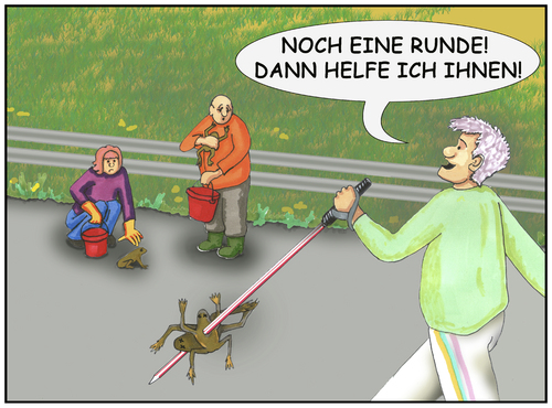 Cartoon: Krötenwanderung (medium) by SoRei tagged kröte,krötenwanderung,tierschutz,tierschützer,straße,eimer,helfer,sammlung,sport,spaziergänger,nordic,walking,stöcke,aufgespespießt,wiese,gummihandschuhe,rettung,kröte,krötenwanderung,tierschutz,tierschützer,straße,eimer,helfer,sammlung,sport,spaziergänger,nordic,walking,stöcke,aufgespespießt,wiese,gummihandschuhe,rettung