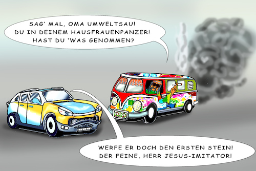 Cartoon: Stolz und Vorurteil (medium) by SoRei tagged klischee,stolz,vorurteil,recht,haben,ps,bolide,straßenverkehr,betiteln,entwicklung,mobilität,vergehen,verstoß,ordnungswidrigkeit,unfall,crash,zusammenstß,kollision,kfz,pkw,auto,limousien,bulli,karosse,nobelkarosse,hausfrau,latte,macchiatio,mutti,zahnarztgattin,airbag,sicherheit,stvo,nötigen,drängeln,auffahren,ausbremsen,beschimpfen,beleidigen,pöbeln,batik,paisley,stirnband,hippie,hippiemuster,tüte,joint,kiffen,rauchen,woodstock,vintage,retro,style,vehikel,chauvinismus,machismo,sexismus,zylinderkopf,diesel,benziner,au,hu,abgas,schadstoff,cozweiausstoß,blei,verpesten,umweltverschmutzung,auspuff,filter,katalysator,feinstaub,jesus,inri,oldtimer,modern,klassiker,status,verkehr,transport,mehrsitzer,van,suv,bus,panzer,vorfahrt,aggression,peace,love,understanding,belehren,wehren,angreifen,beschuldigen,nachtragend,vorhaltung,liebhaberei,altmodisch,anzeige,tatbestand,rausch,bunt,sondermodell,sonderzulassung,klischee,stolz,vorurteil,recht,haben,ps,bolide,straßenverkehr,betiteln,entwicklung,mobilität,vergehen,verstoß,ordnungswidrigkeit,unfall,crash,zusammenstß,kollision,kfz,pkw,auto,limousien,bulli,karosse,nobelkarosse,hausfrau,latte,macchiatio,mutti,zahnarztgattin,airbag,sicherheit,stvo,nötigen,drängeln,auffahren,ausbremsen,beschimpfen,beleidigen,pöbeln,batik,paisley,stirnband,hippie,hippiemuster,tüte,joint,kiffen,rauchen,woodstock,vintage,retro,style,vehikel,chauvinismus,machismo,sexismus,zylinderkopf,diesel,benziner,au,hu,abgas,schadstoff,cozweiausstoß,blei,verpesten,umweltverschmutzung,auspuff,filter,katalysator,feinstaub,jesus,inri,oldtimer,modern,klassiker,status,verkehr,transport,mehrsitzer,van,suv,bus,panzer,vorfahrt,aggression,peace,love,understanding,belehren,wehren,angreifen,beschuldigen,nachtragend,vorhaltung,liebhaberei,altmodisch,anzeige,tatbestand,rausch,bunt,sondermodell,sonderzulassung