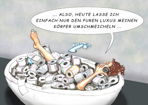 Cartoon: Toilettenpapier (medium) by SoRei tagged corona,covid,19,virus,ansteckung,hysterie,hamsterkäufe,hamstern,wc,toilettenpapier,klopapier,nudeln,ausgangssperre,panik,angst,german,topseller,vorrat,prepper,lebensmittel,maßnahme,egoismus,zahlungsmittel,tauschobjekt,survival,bunkern,katastrophe,notstand,geklaut,mehrlagig,wir,bleiben,zuhause,einscheißen,klauen,portionieren,rationieren,strafaufschlag,fetisch,klosett,großpackung,recyclingpapier,parfümiert,soft,sanft,perforiert,feuchttücher,hygiene,artikel,drogerie,engpass,not,leere,regale,schreckensszenario,notdurft,luxus,langeweile,kreativität,hobbys,aufräumen,spielen,beschäftigen,besorgen,sorgen,entsorgen,bad,telefonat,soziale,distanz,anale,phase,fixierung,genussmittel,grundbedarf,alltäglich,phänomen,konjunktur,statussymbol,corona,covid,19,virus,ansteckung,hysterie,hamsterkäufe,hamstern,wc,toilettenpapier,klopapier,nudeln,ausgangssperre,panik,angst,german,topseller,vorrat,prepper,lebensmittel,maßnahme,egoismus,zahlungsmittel,tauschobjekt,survival,bunkern,katastrophe,notstand,geklaut,mehrlagig,wir,bleiben,zuhause,einscheißen,klauen,portionieren,rationieren,strafaufschlag,fetisch,klosett,großpackung,recyclingpapier,parfümiert,soft,sanft,perforiert,feuchttücher,hygiene,artikel,drogerie,engpass,not,leere,regale,schreckensszenario,notdurft,luxus,langeweile,kreativität,hobbys,aufräumen,spielen,beschäftigen,besorgen,sorgen,entsorgen,bad,telefonat,soziale,distanz,anale,phase,fixierung,genussmittel,grundbedarf,alltäglich,phänomen,konjunktur,statussymbol