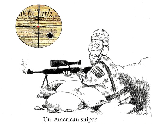 Cartoon: Un-American sniper (medium) by Joebrowntoons tagged american,sniper,chriskyle,obama,constitution,nra,rights,2ndamendment,barack