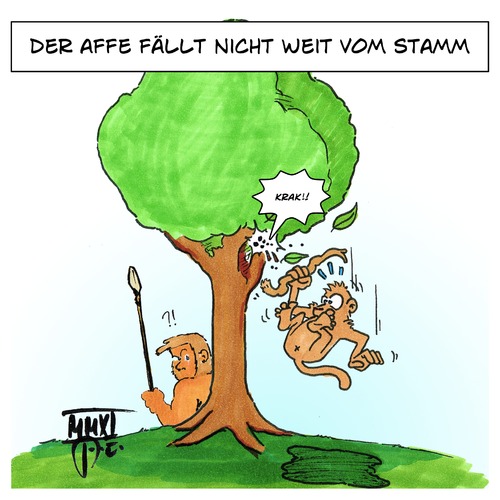 Cartoon: Affe fällt nicht weit vom Stamm (medium) by Timo Essner tagged affe,apfel,stamm,baum,sprichwörter,steinzeitmensch