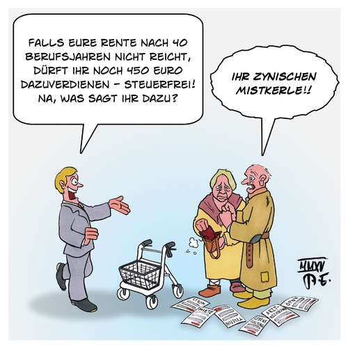 Cartoon: Altersarmut - Rente 2015 (medium) by Timo Essner tagged rentner,rente,deutschland,senioren,lebensleistung,altersarmut,sozialpolitik,rentenanpassung,rentenpolitik,450,euro,steuerfreibetrag,aufstocker,generationenvertrag,cartoon,timo,essner,rentner,rente,deutschland,senioren,lebensleistung,altersarmut,sozialpolitik,rentenanpassung,rentenpolitik,450,euro,steuerfreibetrag,aufstocker,generationenvertrag,cartoon,timo,essner