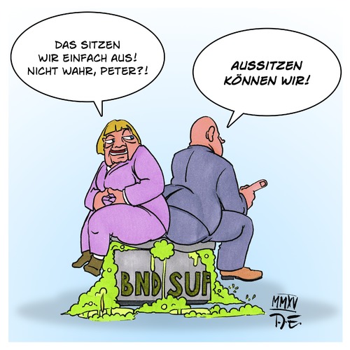 Cartoon: Aussitzen (medium) by Timo Essner tagged bnd,affäre,nsa,spionage,angela,merkel,peter,altmeier,thomas,de,maiziere,hans,friedrich,innenminister,geheimdienste,wirtschaftsspionage,airbus,abhör,skandal,bnd,affäre,nsa,spionage,angela,merkel,peter,altmeier,thomas,de,maiziere,hans,friedrich,innenminister,geheimdienste,wirtschaftsspionage,airbus,abhör,skandal