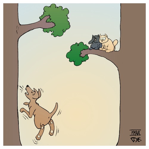 Cartoon: Barking up the wrong tree (medium) by Timo Essner tagged cats,dogs,trees,barking,up,the,wrong,tree,katzen,hunde,bäume,den,falschen,baum,anbellen,sprichwörter,tiere,sayings,animals,cartoon,timo,essner,cats,dogs,trees,barking,up,the,wrong,tree,katzen,hunde,bäume,den,falschen,baum,anbellen,sprichwörter,tiere,sayings,animals,cartoon,timo,essner