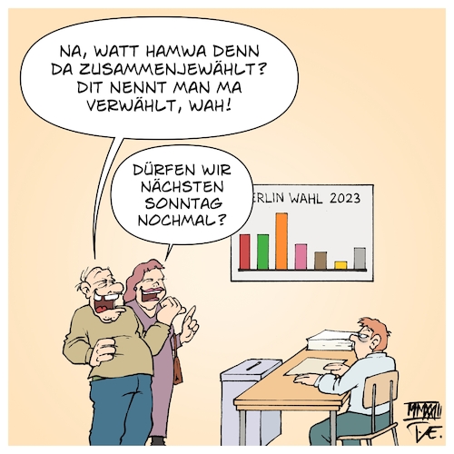 Cartoon: Berlinwahl 2023 (medium) by Timo Essner tagged berlin,landtagswahl,wiederholung,berlinwahl,2023,berliner,berlinerinnen,franziska,giffey,spd,kai,wegner,cdu,fdp,prozent,hürde,afd,rechtsruck,cartoon,timo,essner,berlin,landtagswahl,wiederholung,berlinwahl,2023,berliner,berlinerinnen,franziska,giffey,spd,kai,wegner,cdu,fdp,prozent,hürde,afd,rechtsruck,cartoon,timo,essner