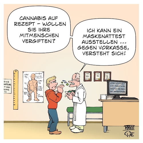 Cartoon: Cannabis vs Maskenattest (medium) by Timo Essner tagged corona,maßnahmenverweigerer,verschwörungsgläubige,mns,mundnasenschutz,maskenverweigerer,maskenattest,cannabis,legalisierung,gesundheit,deutschland,markt,gewinn,krankenhäuser,krankensystem,pharmaindustrie,profit,patienten,patientenwohl,cartoon,timo,essner,corona,maßnahmenverweigerer,verschwörungsgläubige,mns,mundnasenschutz,maskenverweigerer,maskenattest,cannabis,legalisierung,gesundheit,deutschland,markt,gewinn,krankenhäuser,krankensystem,pharmaindustrie,profit,patienten,patientenwohl,cartoon,timo,essner