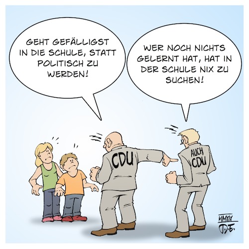 Cartoon: CDU bei Schule ambivalent (medium) by Timo Essner tagged cdu,fridaysforfuture,klimastreiks,schüler,linnemann,deutschunterricht,ausländer,erste,klasse,schule,deutschland,schulpflicht,sprachen,sprachunterricht,cartoon,timo,essner,cdu,fridaysforfuture,klimastreiks,schüler,linnemann,deutschunterricht,ausländer,erste,klasse,schule,deutschland,schulpflicht,sprachen,sprachunterricht,cartoon,timo,essner