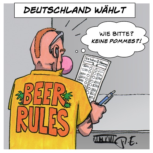 Cartoon: Deutschland vor der Wahl (medium) by Timo Essner tagged bundestagswahl,wahlen,deutschland,bundestagswahl,wahlen,deutschland,pommes,bier,nase,stimmen,stimmung