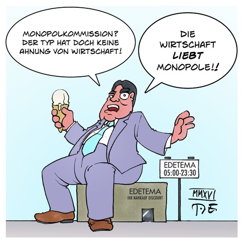 Cartoon: Edeka-Tengelmann-Fusion (medium) by Timo Essner tagged sigmar,gabriel,edeka,tengelmann,übernahme,marktmacht,monopol,monopolstellung,rücktritt,monopolkommission,cartoon,timo,essner,sigmar,gabriel,edeka,tengelmann,übernahme,marktmacht,monopol,monopolstellung,rücktritt,monopolkommission,cartoon,timo,essner