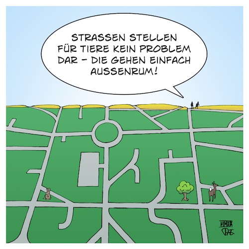 Cartoon: Graustreifen (medium) by Timo Essner tagged grünstreifen,graustreifen,tiere,natur,straßen,bebauung,umwelt,wald,wiesen,felder,knicks,rückzugsraum,lebensraum,verdichtung,biodiversität,artenvielfalt,urbanisierung,infrastruktur,cartoon,timo,essner,grünstreifen,graustreifen,tiere,natur,straßen,bebauung,umwelt,wald,wiesen,felder,knicks,rückzugsraum,lebensraum,verdichtung,biodiversität,artenvielfalt,urbanisierung,infrastruktur,cartoon,timo,essner