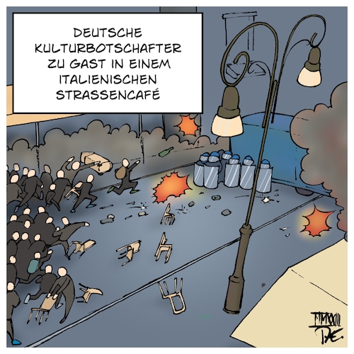 Cartoon: Kulturbotschafter Fußball (medium) by Timo Essner tagged fußball,hooligans,gastspiel,gast,verhalten,kultur,botschafter,fußballfans,vereine,verantwortung,schäden,cartoon,timo,essner,fußball,hooligans,gastspiel,gast,verhalten,kultur,botschafter,fußballfans,vereine,verantwortung,schäden,cartoon,timo,essner