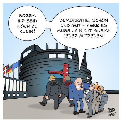 Cartoon: Sperrklausel EU-Parlament (medium) by Timo Essner tagged sperrklausel,europa,ep,europäisches,parlament,volksparteien,kleinstparteien,demokratie,prozenthürde,zugangsbeschränkung,wahlen,europawahlen,cartoon,timo,essner,sperrklausel,europa,ep,europäisches,parlament,volksparteien,kleinstparteien,demokratie,prozenthürde,zugangsbeschränkung,wahlen,europawahlen,cartoon,timo,essner