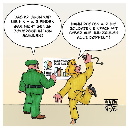 Cartoon: Truppenverstärkung Cyberwehr (medium) by Timo Essner tagged ursula,von,der,leyen,bundeswehr,cyber,cyberkrieg,soldaten,aufstockung,personal,truppenstärke,cartoon,timo,essner,ursula,von,der,leyen,bundeswehr,cyber,cyberkrieg,soldaten,aufstockung,personal,truppenstärke,cartoon,timo,essner