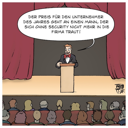 Cartoon: Unternehmer des Jahres (medium) by Timo Essner tagged unternehmer,des,jahres,preis,auszeichnung,belegschaft,arbeitskräfte,betriebsklima,angst,am,arbeitsplatz,security,sicherheit,werkschutz,unternehmen,firma,firmen,betrieb,firmenkultur,optimierung,effizienz,lohn,löhne,gehalt,gehälter,arbeitszeiten,arbeitsbelastung,cartoon,timo,essner,unternehmer,des,jahres,preis,auszeichnung,belegschaft,arbeitskräfte,betriebsklima,angst,am,arbeitsplatz,security,sicherheit,werkschutz,unternehmen,firma,firmen,betrieb,firmenkultur,optimierung,effizienz,lohn,löhne,gehalt,gehälter,arbeitszeiten,arbeitsbelastung,cartoon,timo,essner