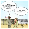 Cartoon: Cuba Human Rights (small) by Timo Essner tagged barack,obama,raul,castro,cuba,usa,visit,historic,speech,human,rights,guantanamo,bay,terrorists,democracy