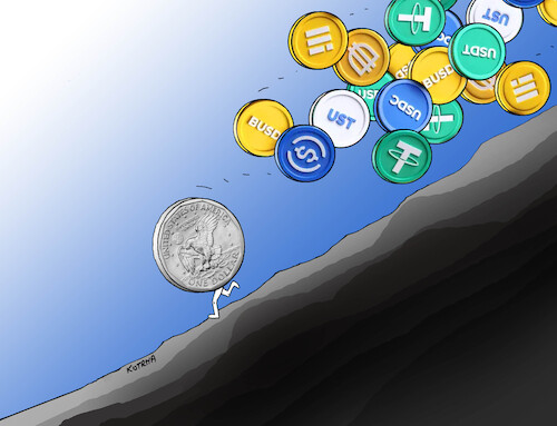 Cartoon: dolstable (medium) by Lubomir Kotrha tagged usa,dollar,stablecoins,usa,dollar,stablecoins