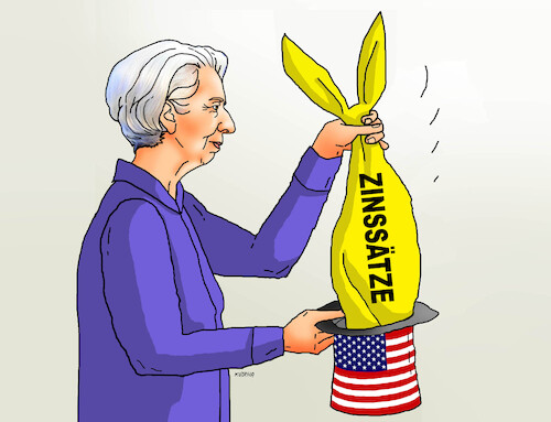 Cartoon: ecbtah25-de (medium) by Lubomir Kotrha tagged ecb,usa,fed,interest,rates,ecb,usa,fed,interest,rates