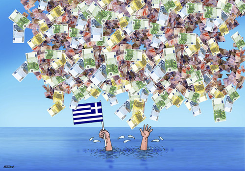 Cartoon: greepomoceu (medium) by Lubomir Kotrha tagged greece,eu,referendum,syriza,tsipras,ecb,reforms,money,debt,euro
