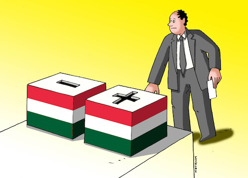 Cartoon: hunplusminus (medium) by Lubomir Kotrha tagged hungary,elections,orban,magyar,fidesz,tisza,hungary,elections,orban,magyar,fidesz,tisza