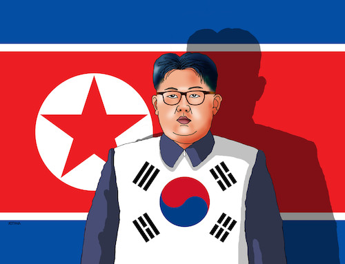 Cartoon: kimflags (medium) by Lubomir Kotrha tagged korea,north,south,kim,war,peace,world