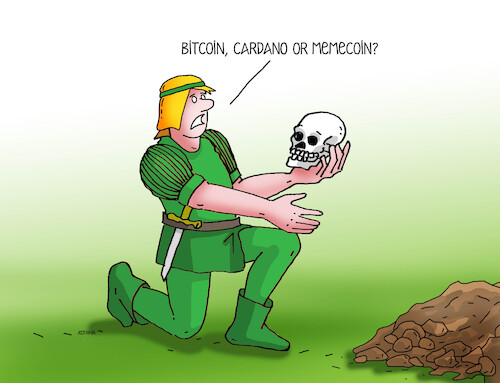 Cartoon: memecoin (medium) by Lubomir Kotrha tagged dollar,euro,cryptocurrency,bitcoin,memecoin,dollar,euro,cryptocurrency,bitcoin,memecoin