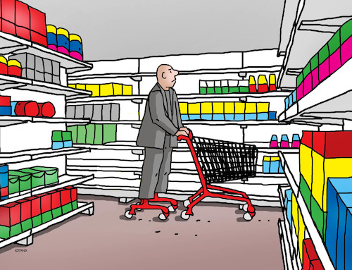 Cartoon: nakupovac (medium) by Lubomir Kotrha tagged shopping,shopping,einkaufen,laden,geschäft,regale,bunte,farben,einkaufswagen,gehhilfe