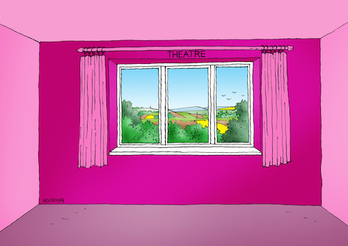Cartoon: theatreokno20 (medium) by Lubomir Kotrha tagged theatre,window,theatre,window,theater,fenster,aussicht,pink,rosa,landschaft,gardine,vorhang