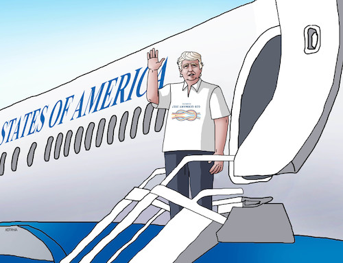 Cartoon: trump-g20a (medium) by Lubomir Kotrha tagged summit,g20,germany,hamburg,merkel,trump,world,dollar,euro,libra,peace,war