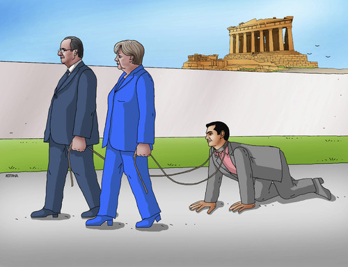Cartoon: tsimerholl2 (medium) by Lubomir Kotrha tagged greece,eu,referendum,syriza,tsipras,ecb,reforms,money,debt,euro