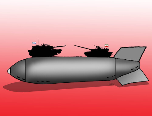 Cartoon: Israel versus Iran (medium) by Lubomir Kotrha tagged israel,iran,gaza,war,bombs,israel,iran,gaza,war,bombs