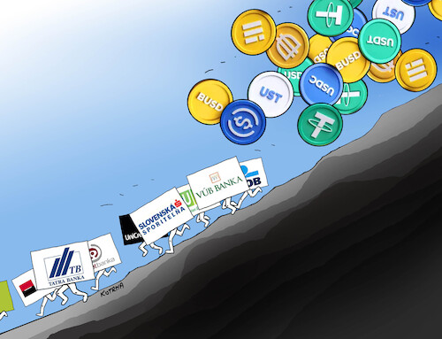 Cartoon: stablecoin (medium) by Lubomir Kotrha tagged bitcoin,banks,cryptocurrencies,dollar,euro,pound,stablecoin,bitcoin,banks,cryptocurrencies,dollar,euro,pound,stablecoin