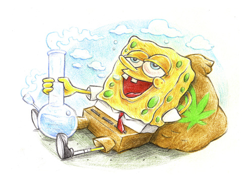 Cartoon: Bong Sponge resting on a bag (medium) by Trippy Toons tagged spongebob,sponge,bob,squarepants,schwammkopf,eyes,augen,bloodshot,cannabis,marihuana,marijuana,stoner,stoned,kiffer,kiffen,weed,ganja,smoke,smoking,rauch,rauchen
