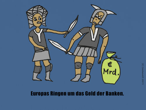Cartoon: Kampf um Euros (medium) by zeichenstift tagged financial,crisis,finanzen,finanzkrise,europa,europe,conflict,konflikt,geld,kredite,reparationen,banken,verschuldung