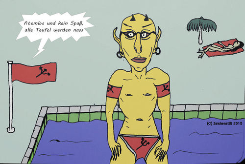 Cartoon: Teufelsbad (medium) by zeichenstift tagged atemlos,teufel,baden,schwimmen,schwimmbad,pool,bath,summer,devil,musik,schlager